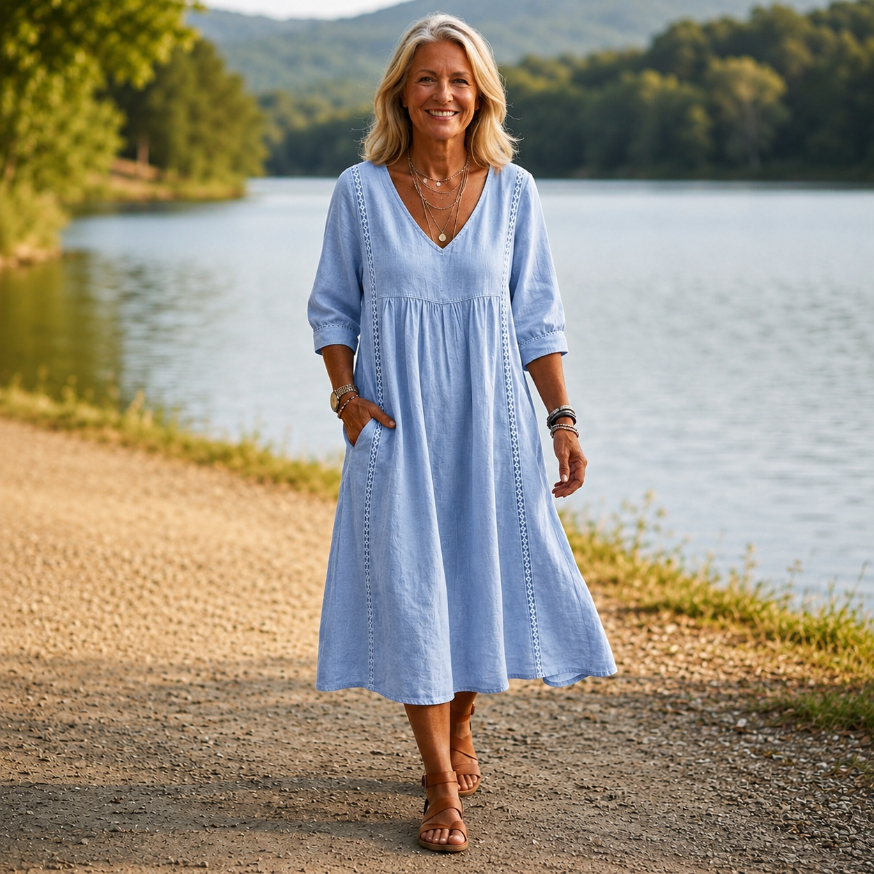 Carmen | Elegante abito lungo leggero con maniche a 3/4 arricciate