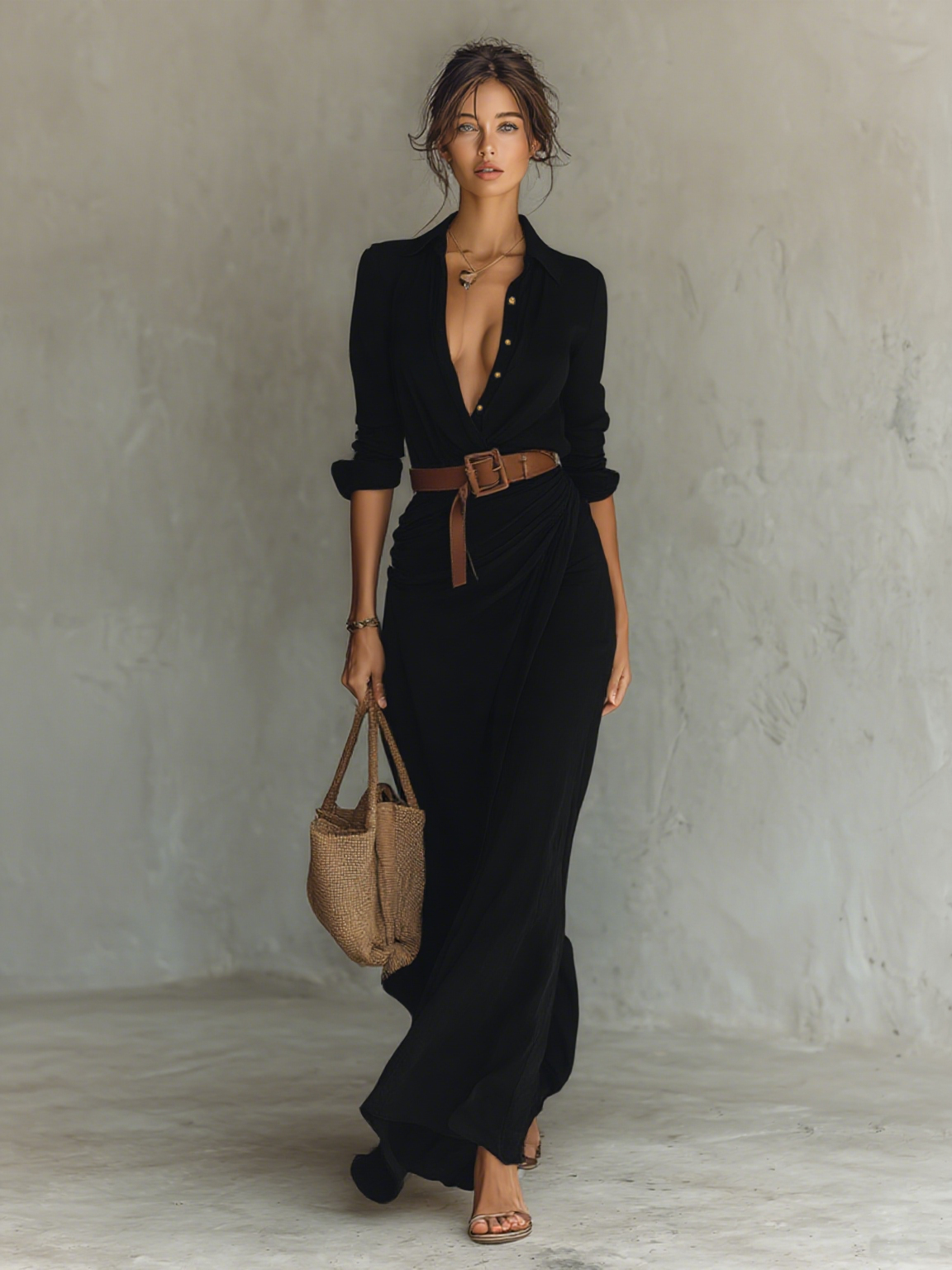 Filippa™ | Abito Lungo a Portafoglio con Collo a Revers e Maniche Lunghe