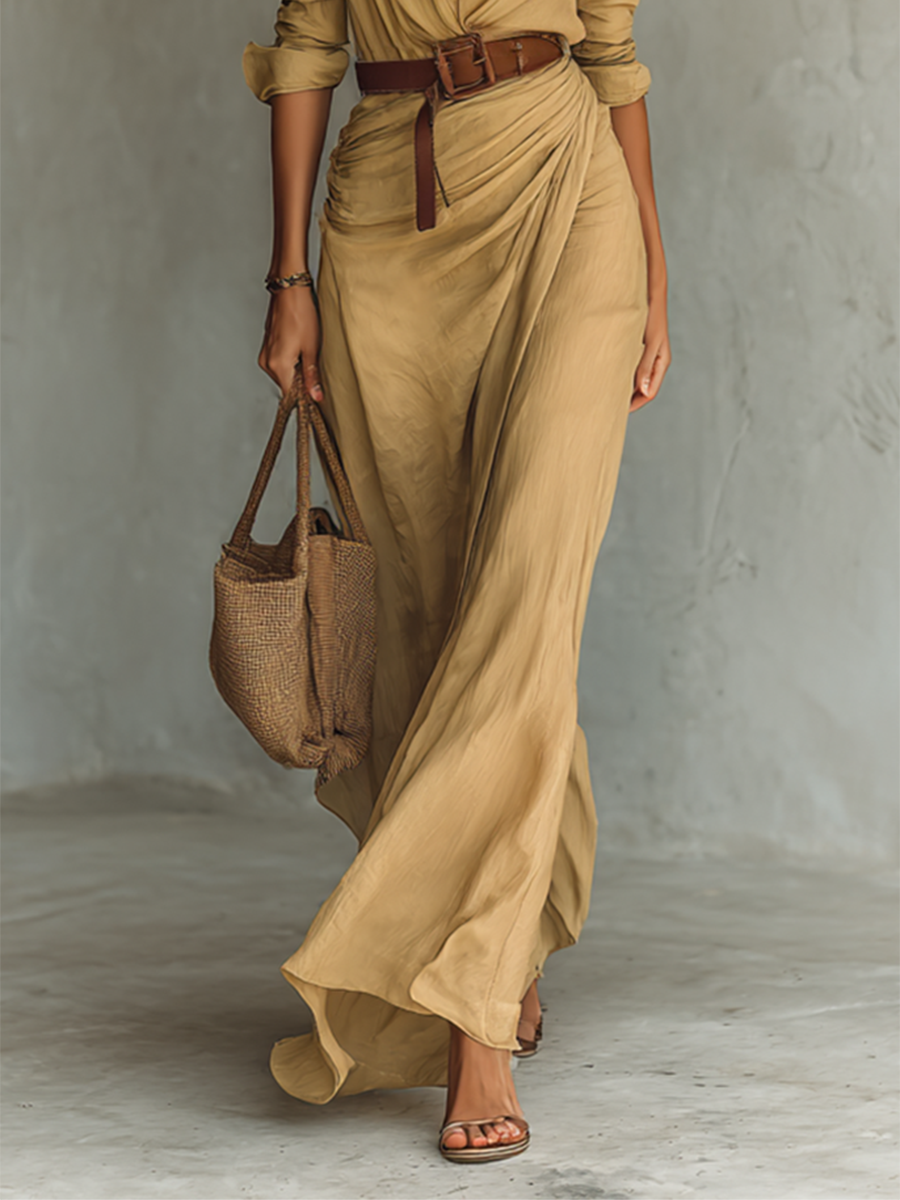 Filippa™ | Abito Lungo a Portafoglio con Collo a Revers e Maniche Lunghe