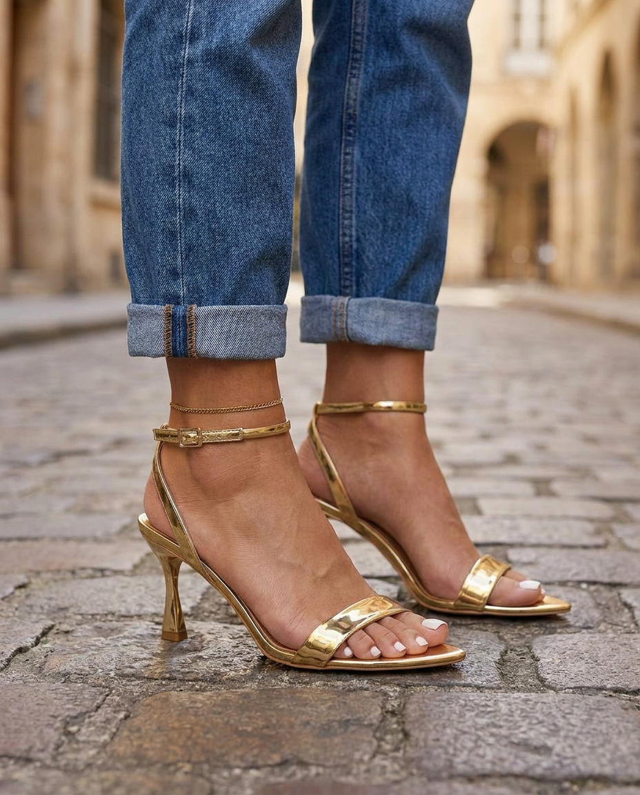 Valentina | Sandali con Tacco a Fascia Singola Dorati Metallizzati